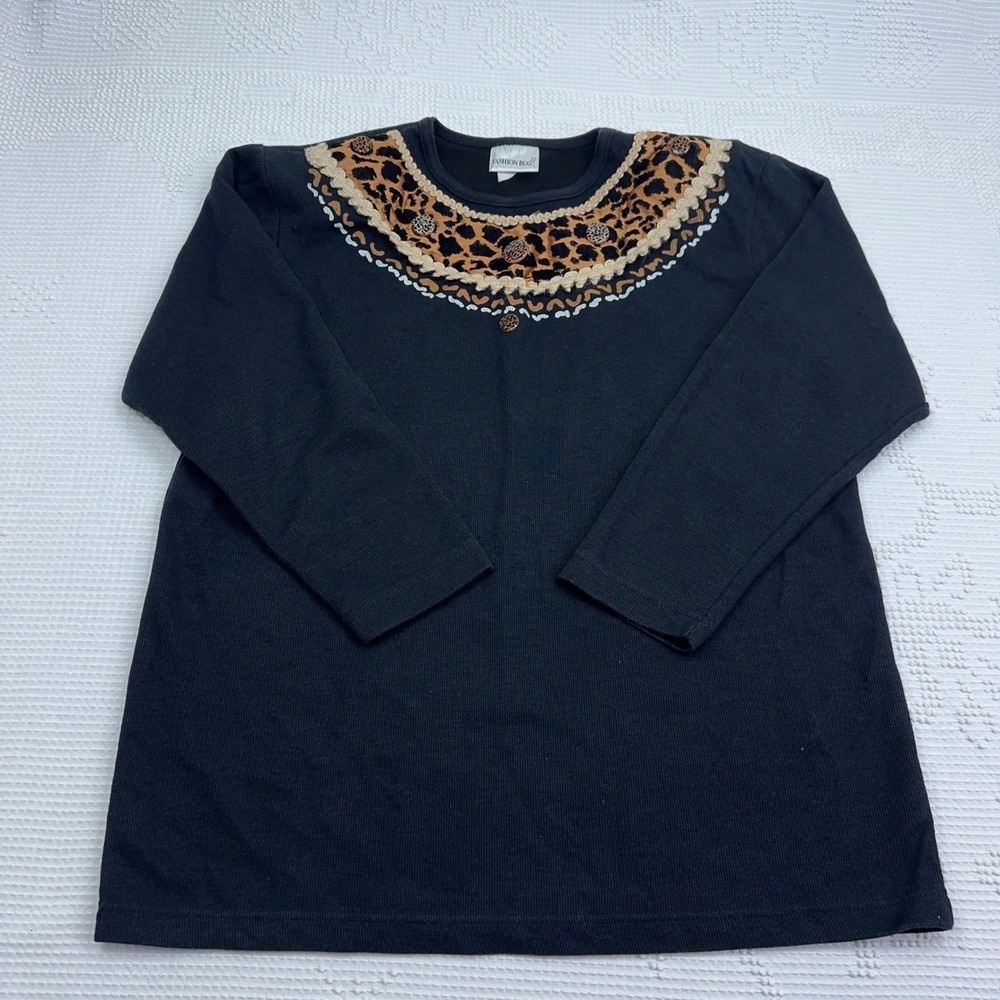 Fashion Bug Black Leopard Print Bib Long Sleeve Top Ribbed Knit Shirt XL